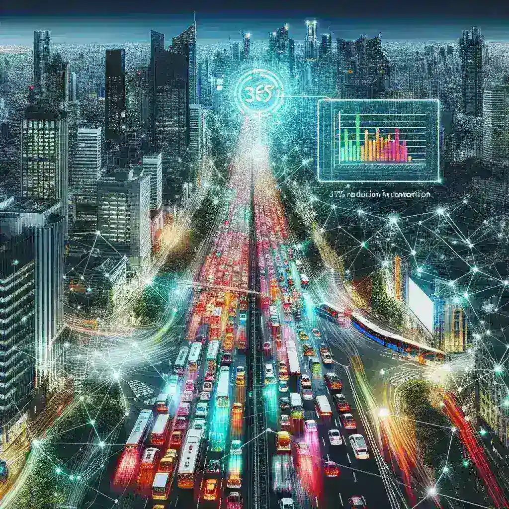"Illustration of a Smart Traffic Management System effectively controlling urban traffic flow, showcasing real-time data visualization and reduced congestion levels in a city, highlighting a 35% improvement in traffic efficiency."