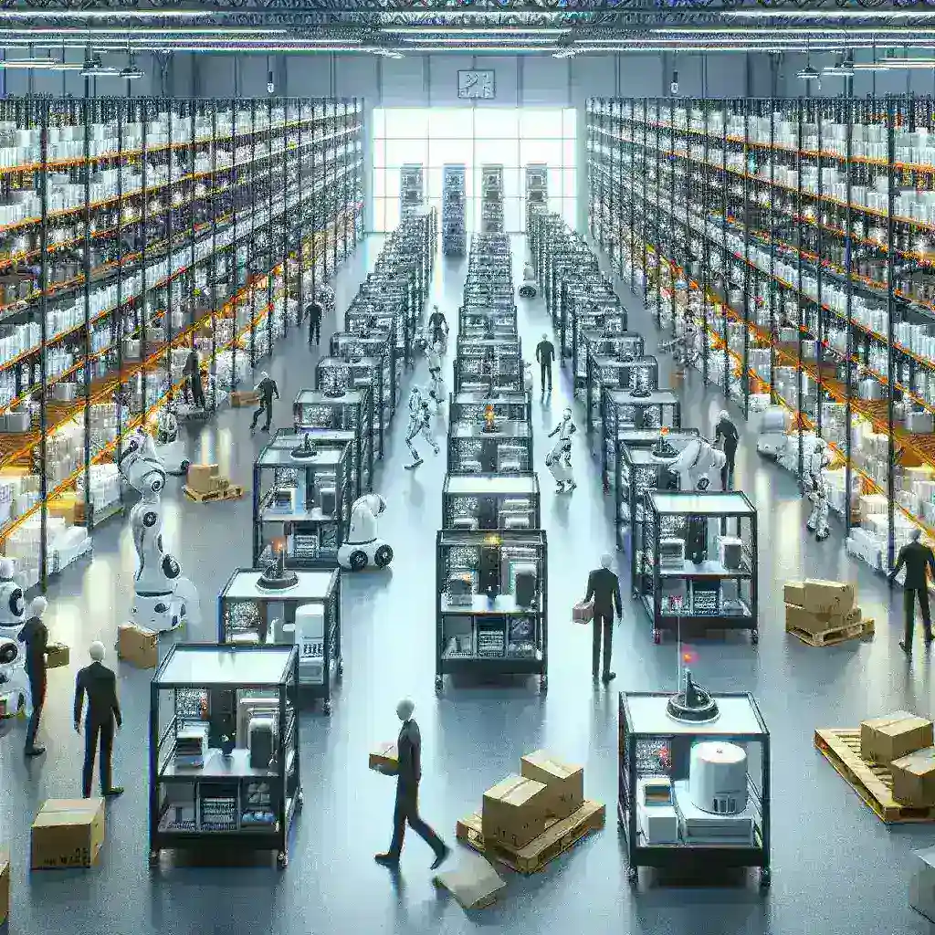 "Robotic warehouse automation system efficiently managing inventory and logistics, illustrating a 60% reduction in human workforce requirements for enhanced productivity."