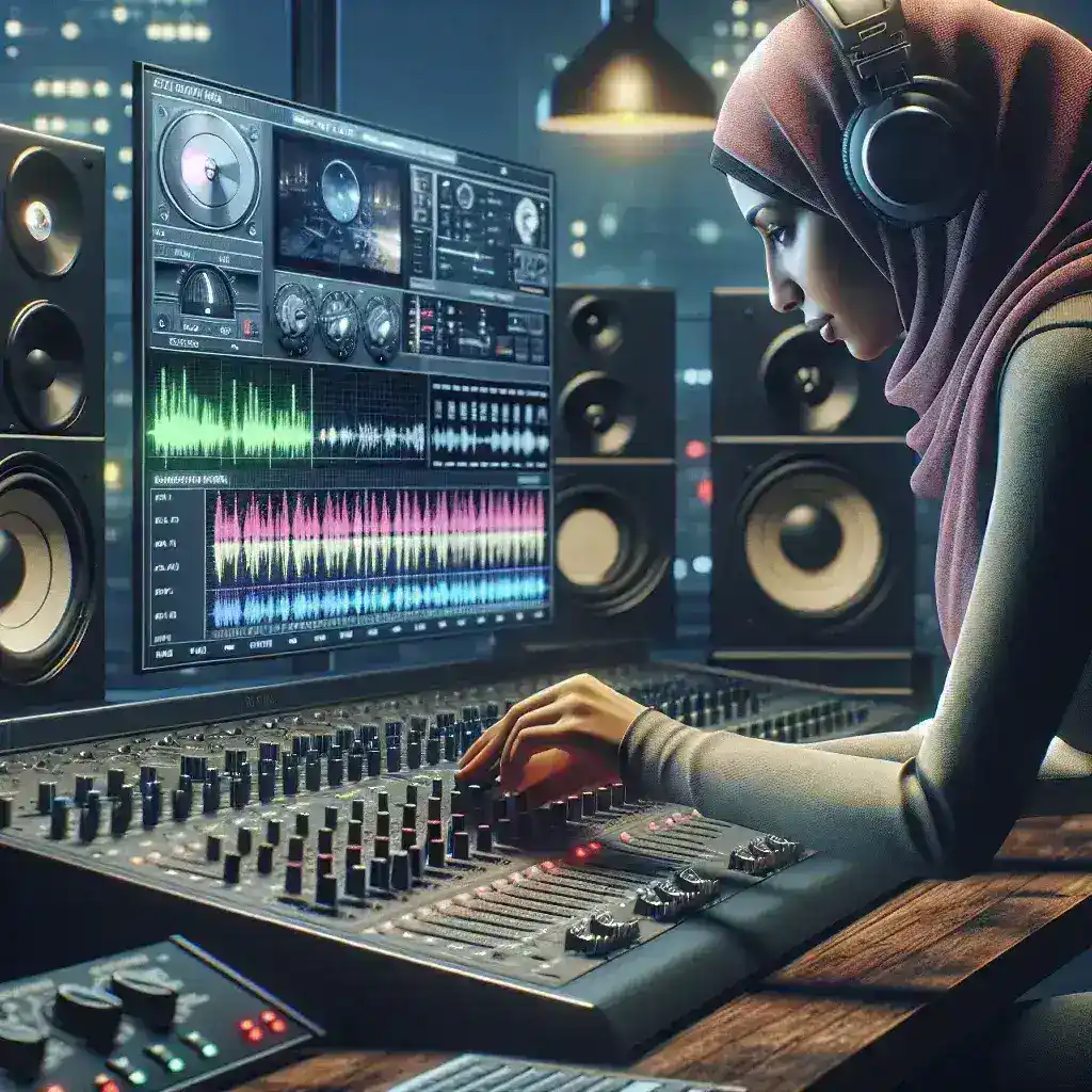 "Expert technician manually adjusting audio-video synchronization on a video editing software interface to resolve lip-sync issues in a multimedia project."