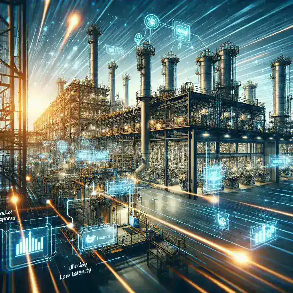 "Edge computing technology enabling ultra-low latency solutions for industrial applications, showcasing real-time data processing and connectivity in a modern industrial environment."